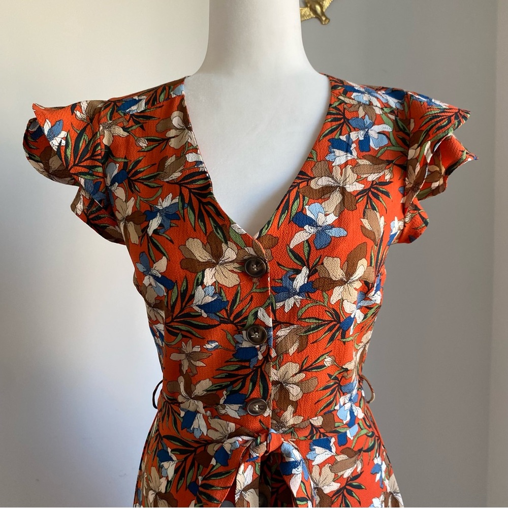 Monteau Orange Floral V-Neck Button Midi Dress